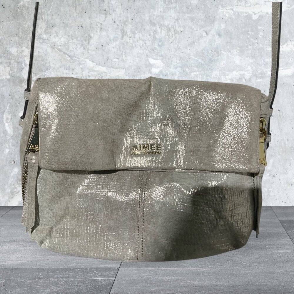 Aimee Kestenberg Bali Crossbody Foldover Bag Gold Shimmer Metallic Suede Leather